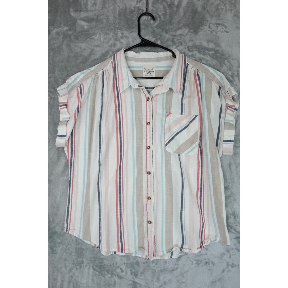 Cotton & Rye Women's XL Striped Short Sleeve‎ Button Front Blouse Top